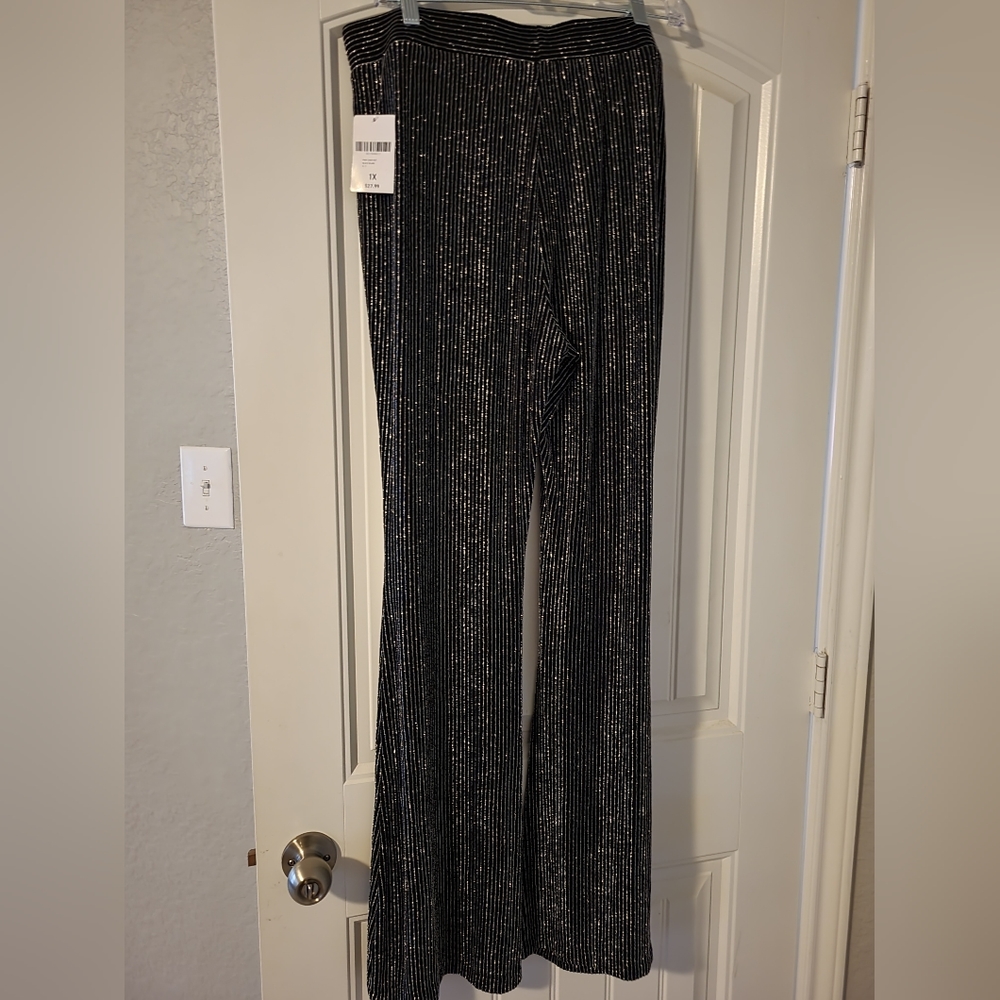 long knit black pants with waistband and silver stripes